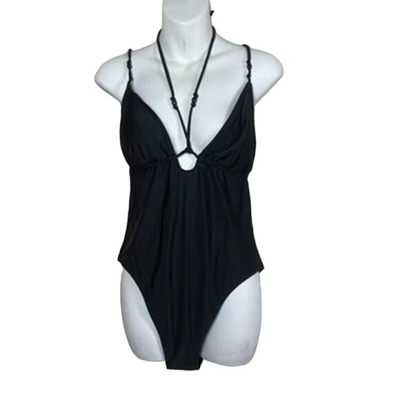 J. Crew One Piece Swimsuit Style BH518 Strappy Black Size 12 Tie Open Back - Picture 2 of 8